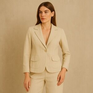Vintage 70s Beige Textured Pantsuit Blazer Set Wide Leg Trousers Minimalist Chic